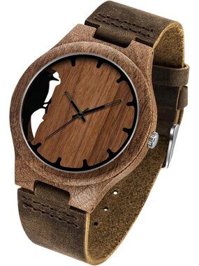 Men's Brown Analog Quartz Handmade Unique Design Leather Strap Wooden Watch